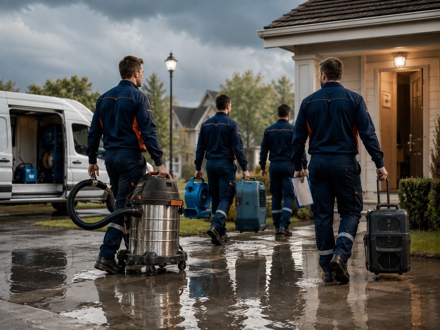Equipo AquaSeco llegando con equipos profesionales a un domicilio